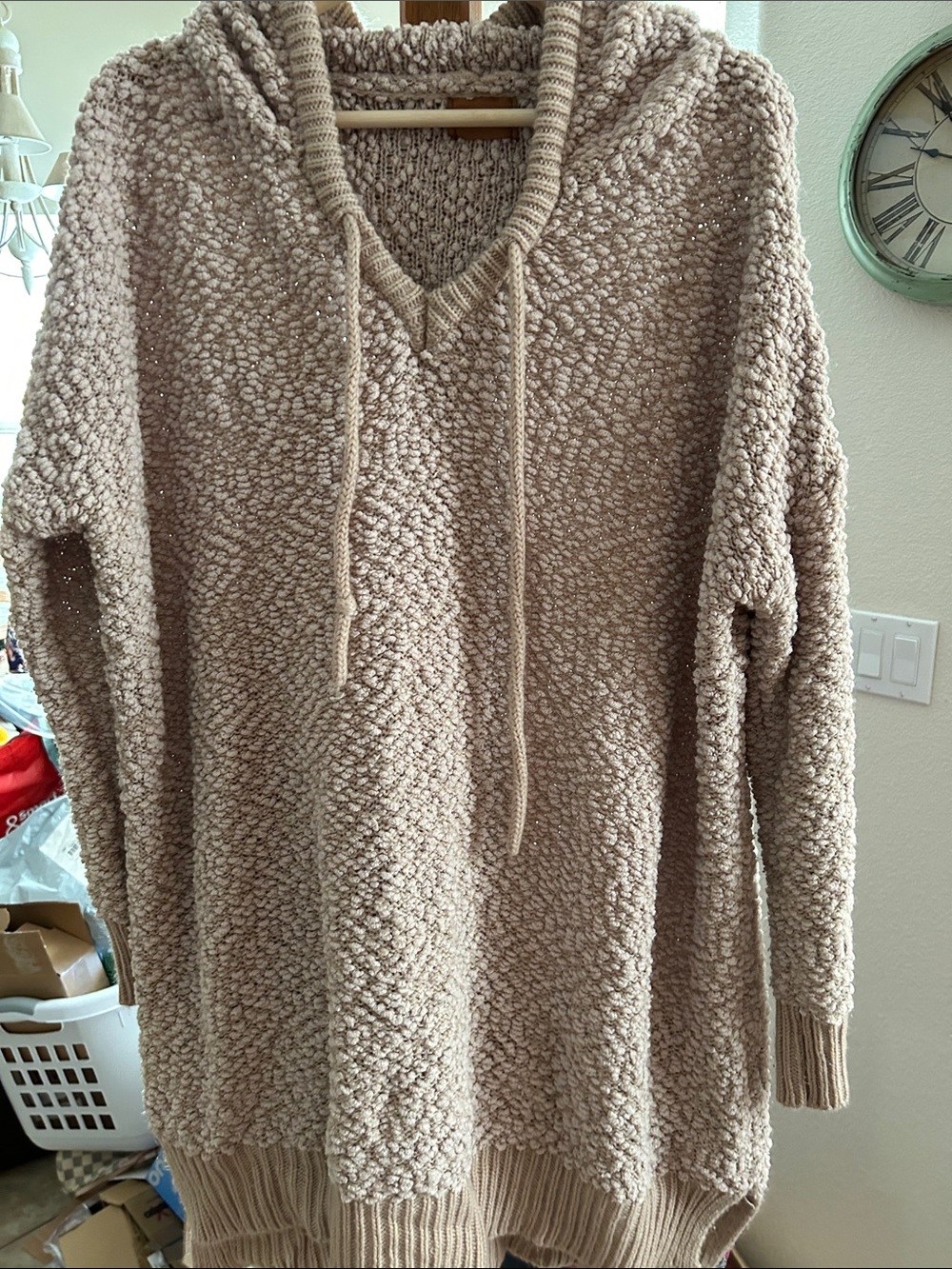 POL Taupe Popcorn Knit V-Neck Hoodie Sweater